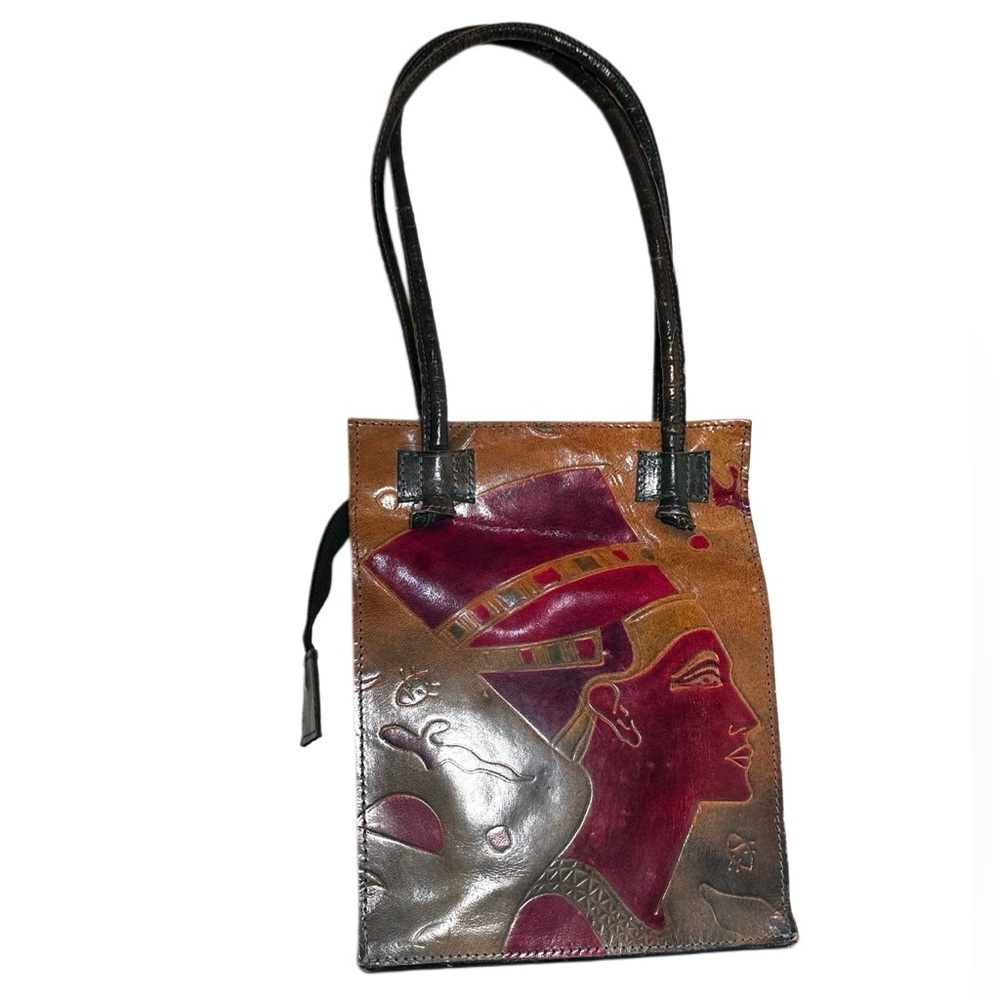 80’s NEFERTITI EGYPTIAN motif hard to find Handcrafted Leather Tote shoulder bag